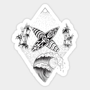 Tribal Style Surf Boards with Bamboo Sun Shining and Ocean Waves Sticker